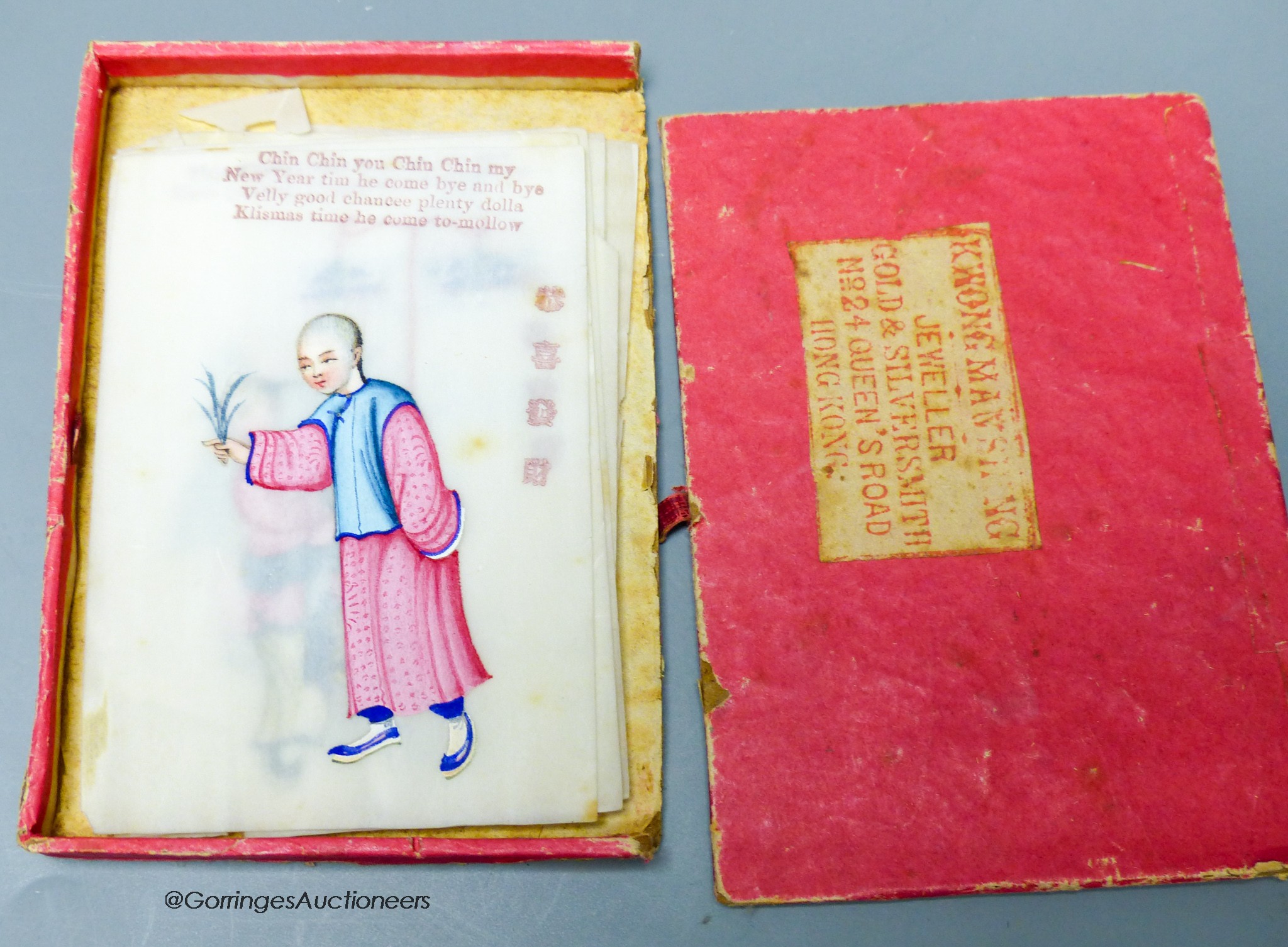 A set of Chinese New Year paintings on rice paper, the box with retailers label for Kwong Manshing Hong Kong, 10.5 x 9 cm